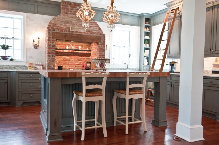 Kitchen Design Blue Appealing Kitchen Design In Country Blue Painted Kitchen With Character With Brick Range Hood Also Grey Cabinet Decoration Stunning Ancient Home Designs For Your Amazing Living Experiences