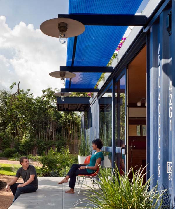 Blue Striped Terrace Attractive Blue Striped Ceiling Above Terrace In Front Yard Container Guest House Outside House With Potted Plants On Gray Floor Dream Homes  Stunning Shipping Container Home With Stylish Architecture Approach