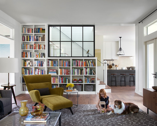 Build Your Design Attractive Build Your Own Bookcases Design Idea Installed In Farmhouse Living Room With Lounge And Foot Rest On Gray White Rug Furniture Creative Bookcases Arrangements For Making The Small Home Library
