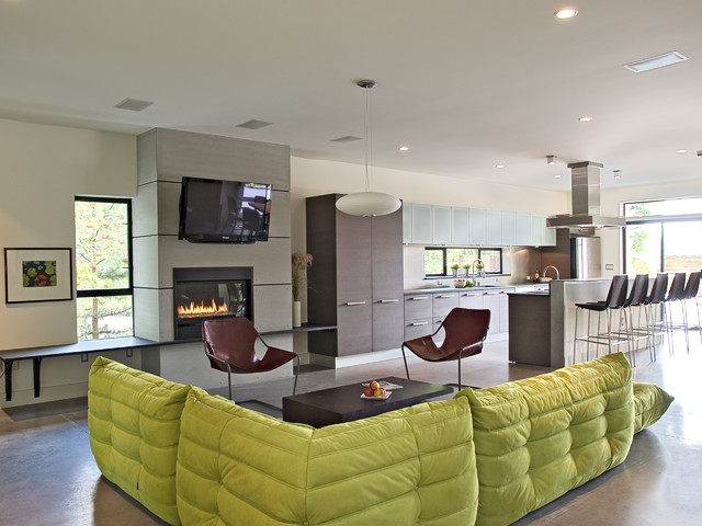 Contemporary Living With Attractive Contemporary Living Room Design With Green Lime Togo Sofa And Black Colored Metallic Cover Of Fireplace Decoration Unique And Modern Togo Sofas With Eye Catching Colors To Inspire You