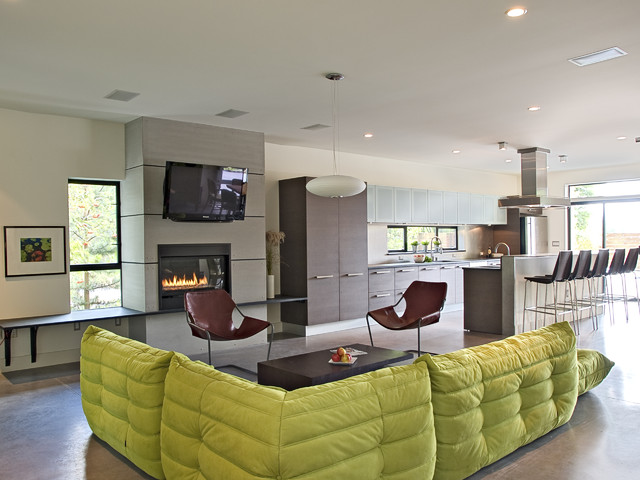 Contemporary Living With Attractive Contemporary Living Room Design With Green Lime Togo Sofa And Black Colored Metallic Cover Of Fireplace Decoration  Unique And Modern Togo Sofas With Eye Catching Colors To Inspire You