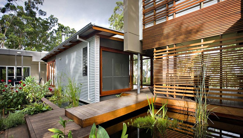 Wooden Striped Coupled Attractive Wooden Striped Perforated Drapes Coupled With Wooden Deck Between Small Pool Outside Storrs Road Residence Decoration  Amazing Floating Deck Concept For Luminous Modern House