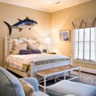 Blue Fish Art Awesome Blue Fish Shaped Wall Art With White Wooden Bed And Gray Lounge With Foot Rest For Beach Bedroom Ideas Bedroom 19 Stylish White Interior Design For Beach Bedroom Ideas