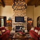 Rustic Living Red Awesome Rustic Living Room With Red Sofas That Wooden Math Table Feat Flower Which Under Chandelier Decoration Decoration Vibrant Red Sofas Inspirations To Give Your Living Room A Trendy