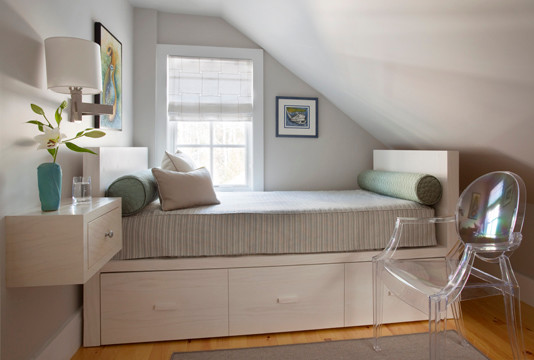 White Painted Modern Awesome White Painted Wall In Modern Attic Bedroom Ideas With Transparent Single Chair And White Wooden Side Table On The Wall Bedroom  Elegant And Bright Bedroom Decoration With Glowing Sloped Ceilings