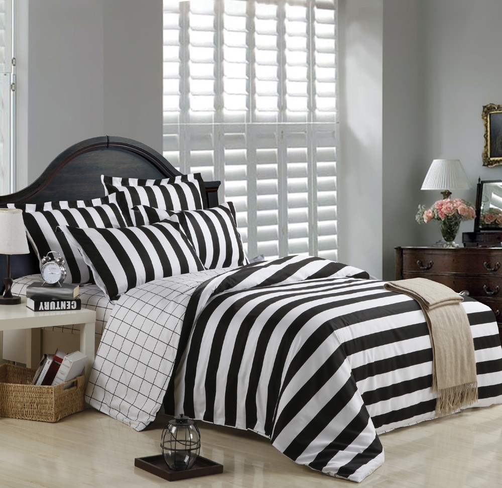 Black And Covers Beautiful Black And White Duvet Covers On Black Wooden Bed With White Nightstand Installed On Wooden Striped Glossy Floor Bedroom  Cozy Black And White Duvet Covers Collection For Comfortable Bedrooms