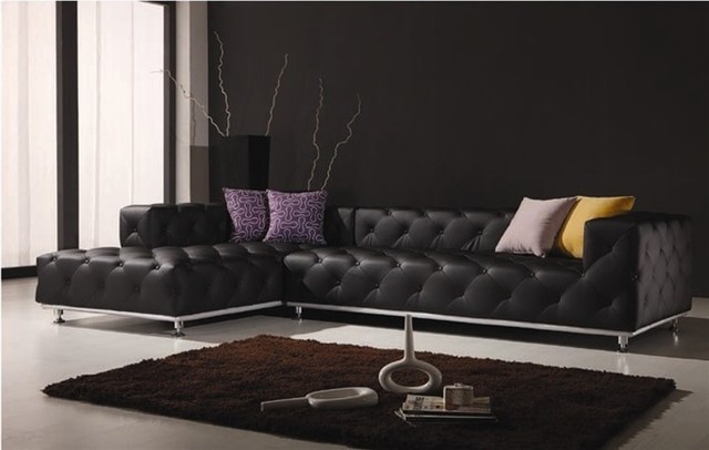 Contemporary Living Black Breathtaking Contemporary Living Room With Black Colored Leather Sectional Sofa And Dark Brown Rug Carpet Decoration  20 Brilliant Leather Sectional Sofas That Will Fit Stunningly Into Your Family Home