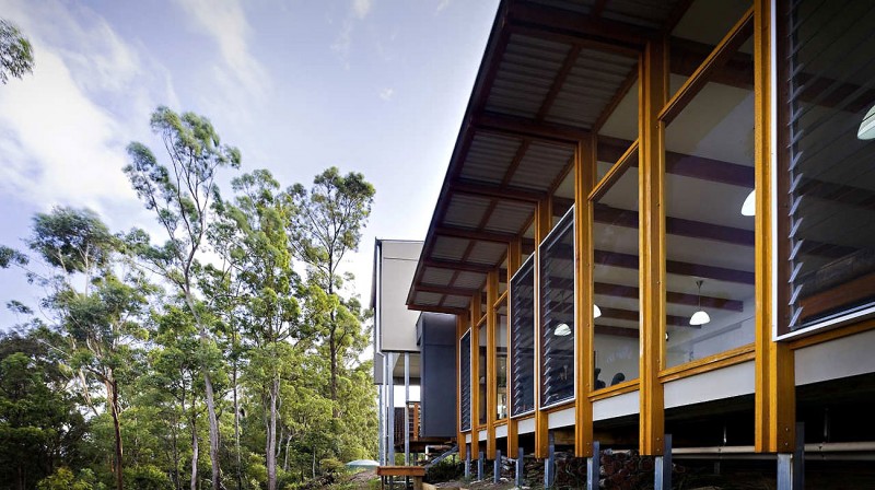 Cool Blue Coupled Breathtaking Cool Blue Skies Atmosphere Coupled With Height Trees Outside Storrs Road Residence Involved Wood Glass Windows Decoration  Amazing Floating Deck Concept For Luminous Modern House