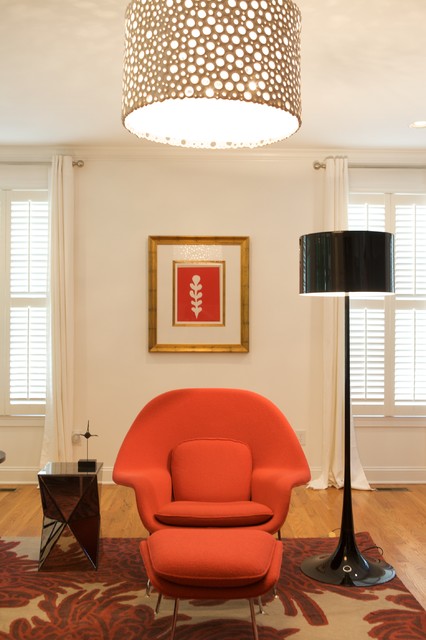 Contemporary Living Orange Bright Contemporary Living Room With Orange Chair Under The Drum Lamp Shade And The Carpet Completed The Decor Decoration  15 Drum Chandelier Lamp Shades In Your Sleek And Elegant Interiors