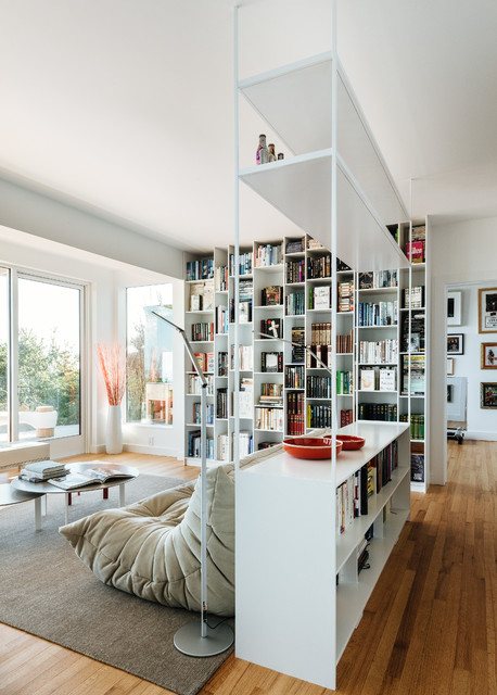 Contemporary Family With Brilliant Contemporary Family Room Design With White Colored Togo Sofa And White Colored Wooden Bookshelf Decoration  Unique And Modern Togo Sofas With Eye Catching Colors To Inspire You