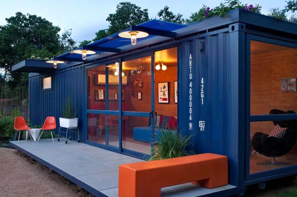 Blue Navy Wall Calm Blue Navy Painted Molded Wall Covered Container Guest House Involved Potted Plants And Outdoor Chairs In Terrace Dream Homes  Stunning Shipping Container Home With Stylish Architecture Approach