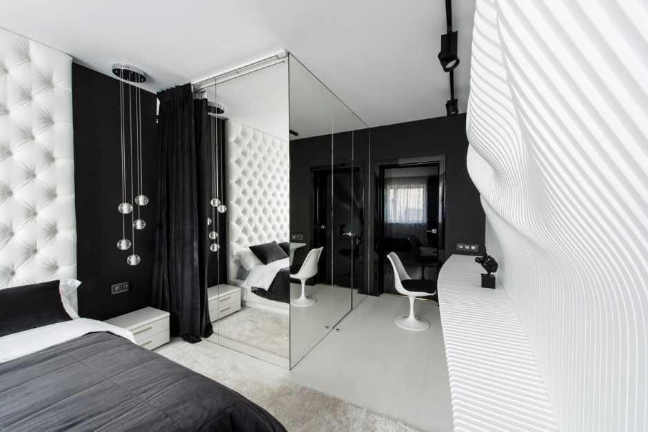 Bedroom Design With Captivating Bedroom Design Futuristic Bedroom With Reflective Wall Made From Mirror Panels And Black Curtains Bedroom 10 Stunning Black And White Bedroom Ideas In Fall Color Accent