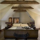 Rustic Attic With Captivating Rustic Attic Bedroom Ideas With Dark Gold Bed Frame And Black Wooden Stool Furnished Dark Electric Fan Without Lamp Bedroom Elegant And Bright Bedroom Decoration With Glowing Sloped Ceilings