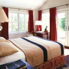 Rustic Bedroom Curtain Captivating Rustic Bedroom With Bedroom Curtain Ideas Furnished Red Height Drapes On White Wooden Glass Windows And Cream Blue Duvet Cover Bedroom 20 Beautiful Bedroom Curtain Ideas For Wall Cover Of Modern Mansion