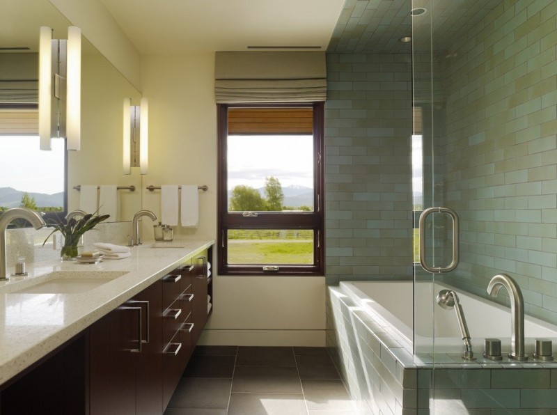 White Bathroom Vanity Captivating White Bathroom With Wooden Vanity Completed Twin Basins And Faucet Involved Mirror On Wall Of Peaks View House Architecture  Beautiful Contemporary Home With Outdoor Dining Room And Semi-Open Terrace