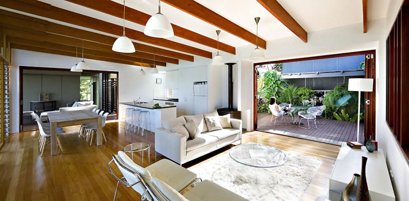 White Living With Captivating White Living Room Coupled With White Kitchen Island Of Storrs Road Residence Installed On Wood Glossy Floor Decoration  Amazing Floating Deck Concept For Luminous Modern House