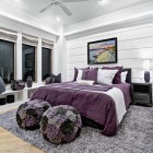 Beach Style Double Charming Beach Style Bedroom Furnished Double Exercise Ball Shaped Ottomans And White Purple Duvet Set On Cream Fur Rug Bedroom Cool And Lovely Bedroom Designs With Creative Duvet Covers