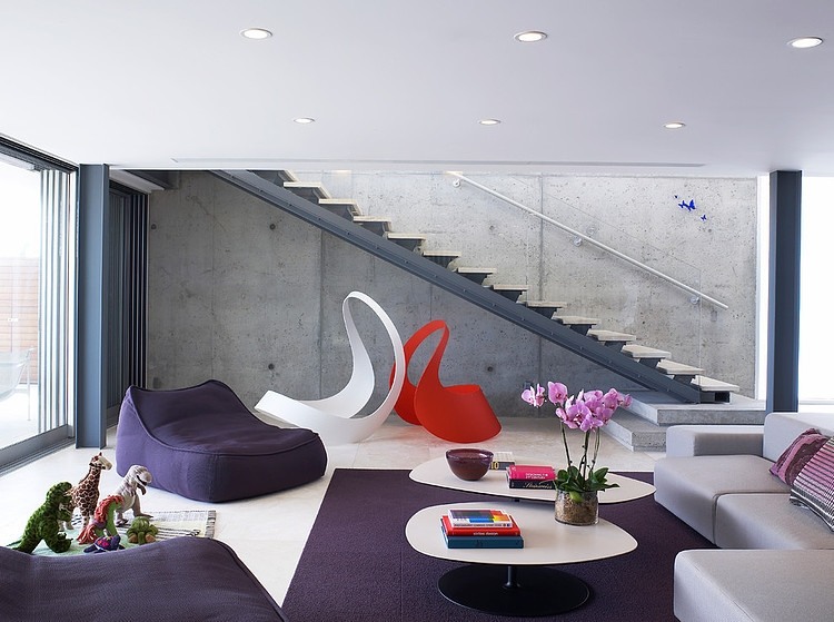 Red And Under Charming Red And White Chairs Under The Staircase At Long Island Beach House Living Room With Purple Carpet Dream Homes  Elegant Contemporary Beach House With Stylish Interior Decorations