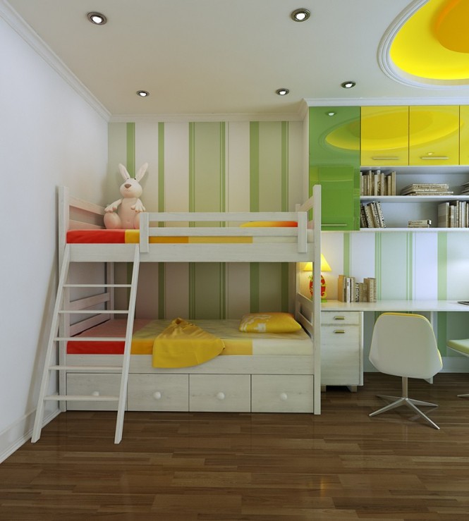 Vu Khoi And Charming Vu Khoi Childrens Yellow And Green Bedroom Design Interior With Modern Bunk Bed Storage Furniture Design In White Color Decoration Ideas Decoration 13 Modern Asian Living Room With Artistic Wall Art And Wooden Floor Decorations