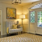 Traditional Entry Light Chic Traditional Entry Design With Light Grey Colored Small Sofa And Tall Stand Lamp Which Has Bright Yellow Lighting Decoration Lovely And Small Sofa Furniture Examples For Your Inspiration