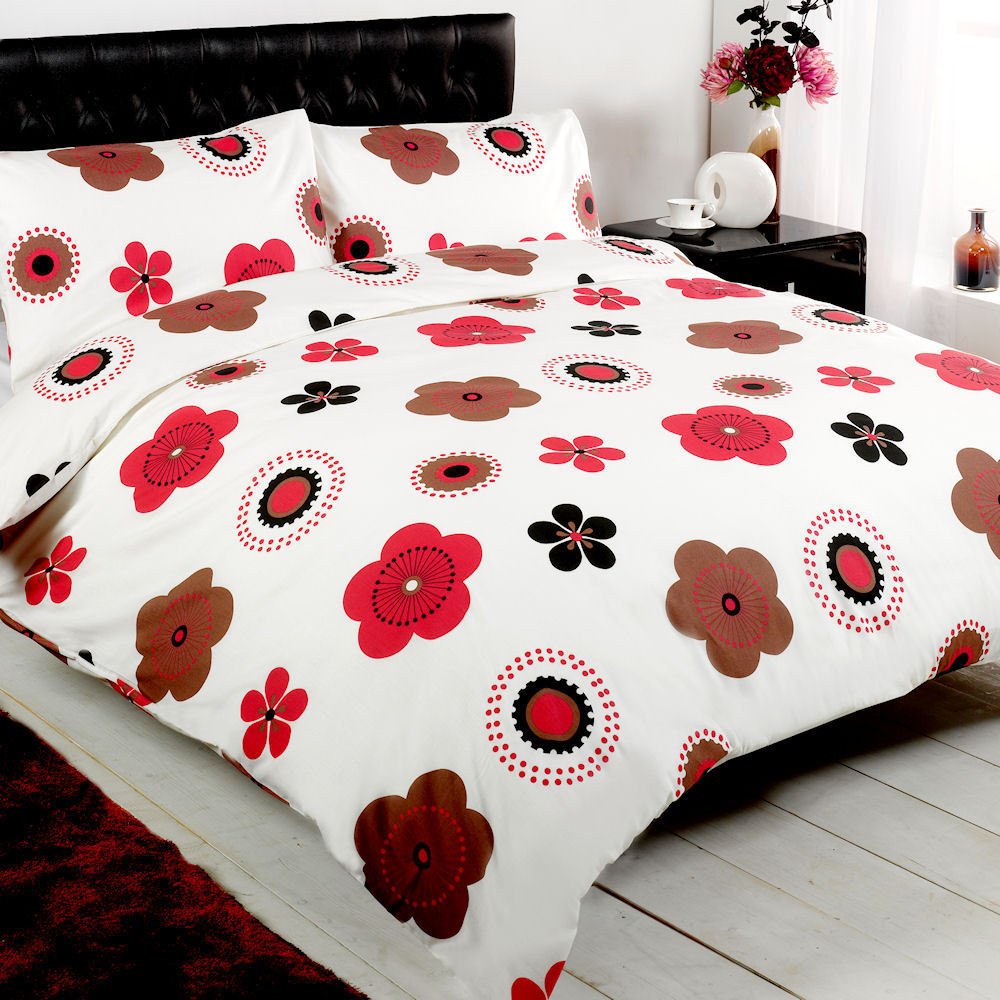 White Red Patterned Chic White Red Brown Blossom Patterned Duvet Set On Black Wooden Bed Installed On White Wooden Striped Floor With Black Nightstand Bedroom Cool And Lovely Bedroom Designs With Creative Duvet Covers