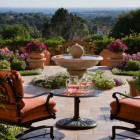 Patio Fountain Of Classic Patio Fountain Designed Made Of Clay With Round Statue On Top Surrounded By Neat Garden And Orange Chairs Garden 18 Beautiful Garden Decorations To Make Green Corner Environment