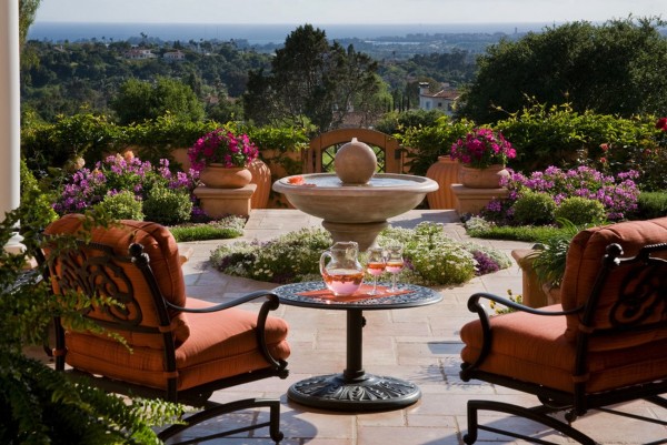 Patio Fountain Of Classic Patio Fountain Designed Made Of Clay With Round Statue On Top Surrounded By Neat Garden And Orange Chairs Garden 18 Beautiful Garden Decorations To Make Green Corner Environment