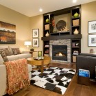 View In Room Clear View In The Living Room Area With Wooden Table Facing The Fireplace Mantel Shelves And The All Of Objects Completed The Decor Decoration Functional Modern Home With Fireplace Mantel Shelves And Creative Lightings