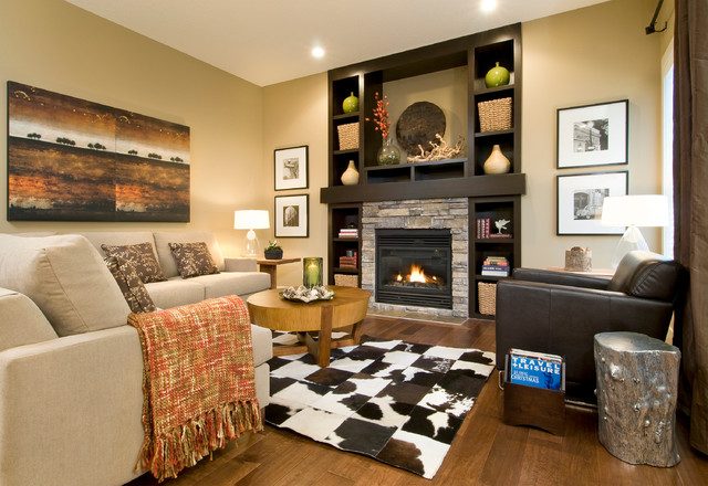 View In Room Clear View In The Living Room Area With Wooden Table Facing The Fireplace Mantel Shelves And The All Of Objects Completed The Decor Decoration Functional Modern Home With Fireplace Mantel Shelves And Creative Lightings