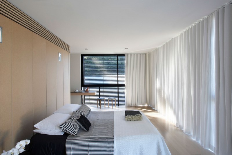 Bed With Lacquered Comfortable Bed With Striped Bed Sheet Lacquered Wood Wardrobe Sheer White Drape Wood Floor Small Wood Bar Stools Wall Mounted Desk In Luff Residence Architecture Astonishing Contemporary Concrete Home With Minimalist Interior Features