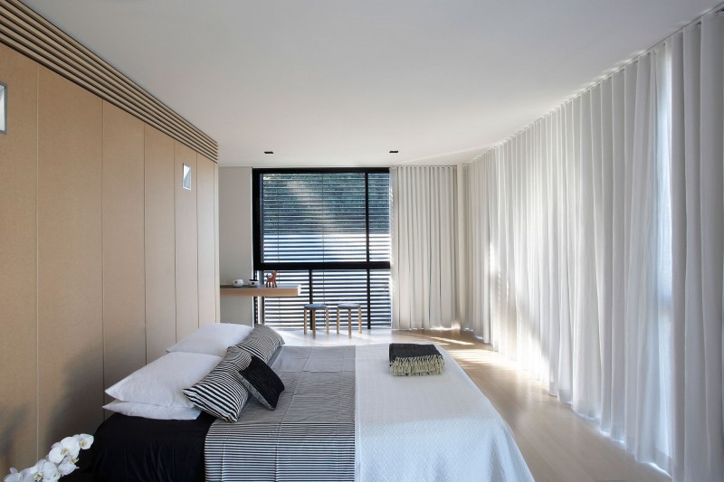 Bed With Lacquered Comfortable Bed With Striped Bed Sheet Lacquered Wood Wardrobe Sheer White Drape Wood Floor Small Wood Bar Stools Wall Mounted Desk In Luff Residence Architecture  Astonishing Contemporary Concrete Home With Minimalist Interior Features