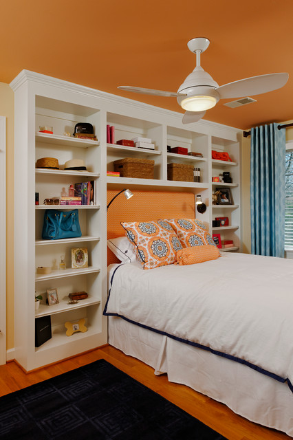 Kids Bedroom Theme Comfortable Kids Bedroom In Orange Theme With Small White Bed Large Bookcase Bed Headboard Ceiling Fan Lighting Bedroom  20 Creative Storage Solutions For Small Bedroom Organization Ideas