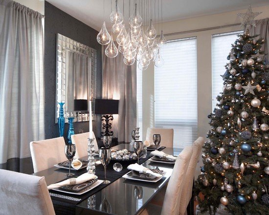 Dining Room Christmas Contemporary Dining Room With Glamorous Christmas Tree And Splendid Glass Pendant Light Above Rectangular Dining Table Decoration Beautiful Christmas Tree Ornaments The Holy Greenery And Stunning Elements