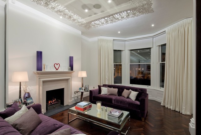 Family Room With Contemporary Family Room Design Ideas With Purple Sofas That Fireplace Between Stand Lamps In The Living Room Area Decoration 20 Whimsical Purple Sofa Furniture For Gorgeous Interior Appearance