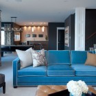 Living Room Sectional Contemporary Living Room With Blue Sectional Sofa And Multi Color Pillows Also Tufted Coffee Table And Gray Chair Furniture Beautiful Blue Sectional Sofas To Making A Cozy And Comfortable Interiors