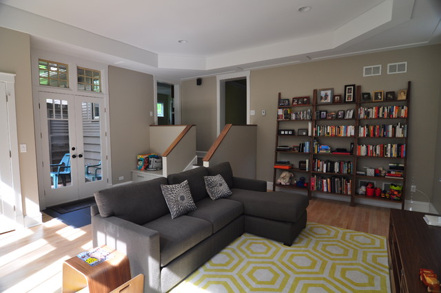 Living Room Sofas Contemporary Living Room With Grey Sofas And Pillows Also That Facing Yellow Carpet That Bookcase Showing Neat Decoration Decoration Fashionable And Modern Grey Sofas For White Interior Colors