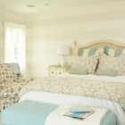 Beach Style Blue Cool Beach Style Bedroom Furnished Blue Ottomans In Front Of Wooden Bed With Patterned Duvet Cover On White Bedding Bedroom Creative And Beautiful Duvet Cover Ideas To Get Different Looks