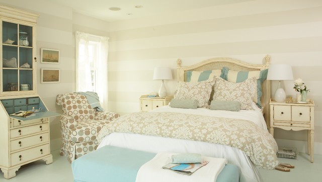 Beach Style Blue Cool Beach Style Bedroom Furnished Blue Ottomans In Front Of Wooden Bed With Patterned Duvet Cover On White Bedding Bedroom Creative And Beautiful Duvet Cover Ideas To Get Different Looks