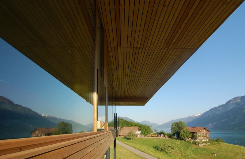 Building Design Am Cool Building Design Of Wohnhaus Am Walensee Residence With Transparent Glass Panel Windows And Soft Brown Ceiling Made From Wooden Material Architecture  Beautiful Rectangular Lake Home With Wood And Concrete Elements