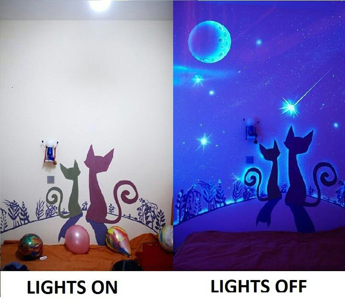 Difference Between Second Cool Difference Between First And Second Picture Of Glow In The Dark Cat Decal When The Lights Turned On And Off Bedroom Stunning Bedroom Decoration With Glow In The Dark Paint Colors