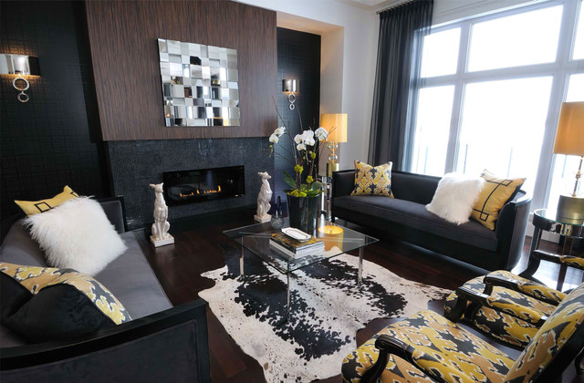 Living Room Sofas Cool Living Room With Black Sofas Facing Glass Table And Kangaroo Sculpture Opposited By Fire Place Design Decoration Dramatic Yet Elegant Bold Black Sofas For Exquisite Interior Decorations