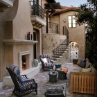 Mediterranean Patio Fireplace Cool Mediterranean Patio With Outdoor Fireplace Designs Feat Nice Chairs And Small Coffee Table Beside Wooden Sofas Decoration Classic Outdoor Fireplace Designs For Impressive Exterior Decoration