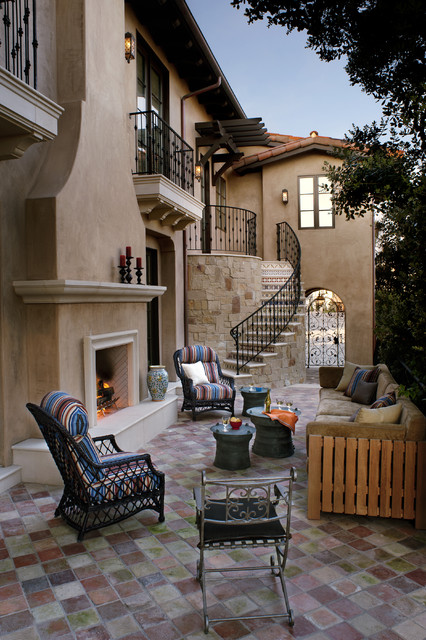 Mediterranean Patio Fireplace Cool Mediterranean Patio With Outdoor Fireplace Designs Feat Nice Chairs And Small Coffee Table Beside Wooden Sofas Decoration  Classic Outdoor Fireplace Designs For Impressive Exterior Decoration