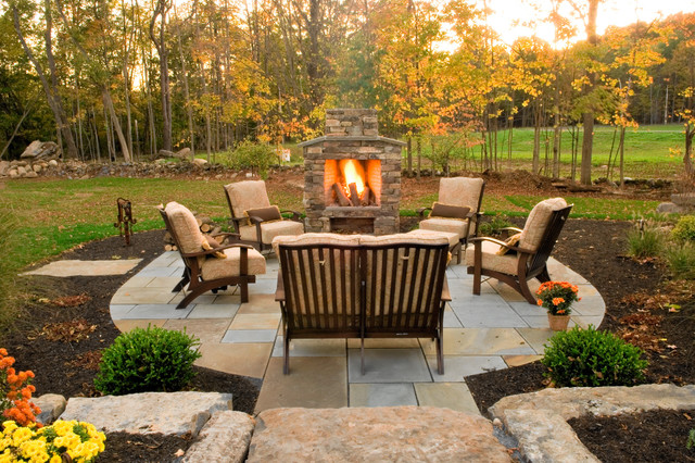 Outdoor Fireplace Cream Cool Outdoor Fireplace Designs With Cream Chairs Design That Surrounded By Planters And Trees Also Decoration  Classic Outdoor Fireplace Designs For Impressive Exterior Decoration