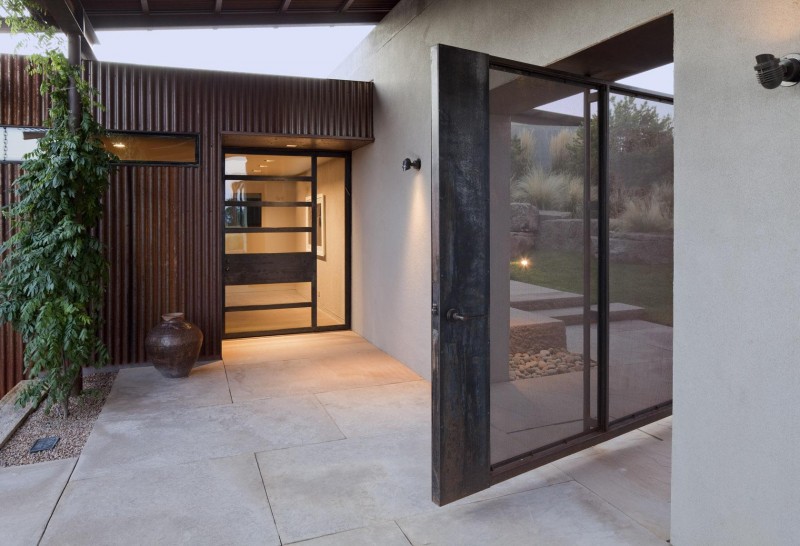 View By The Cool View By Porcelain Beside The Planter In Desert House That Glass Door Opened Showing Outside View Area Dream Homes Unique Contemporary Rustic Home With Minimalist Design Layout