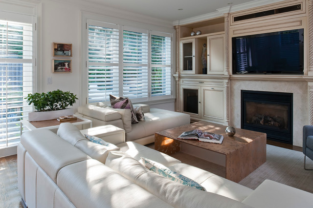 White Painted White Cool White Painted Wall And White Wooden Windows In Contemporary Family Room Involved White Chaise Sofa And Fireplace Dream Homes  Comfortable And Elegant Chaise Sofa For Corner Decorations