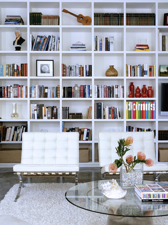 White Tufted On Cool White Tufted Twin Lounge On Gray Rug In Modern Living Room Completed Build Your Own Bookcases Design And Glass Coffee Table Furniture Creative Bookcases Arrangements For Making The Small Home Library