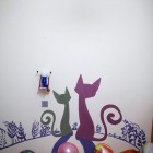 Grey And Glow Cute Grey And Purple Cats Glow In The Dark Decal With Plantation Detail As Background Installed On Lower Part Of White Wall Bedroom Stunning Bedroom Decoration With Glow In The Dark Paint Colors