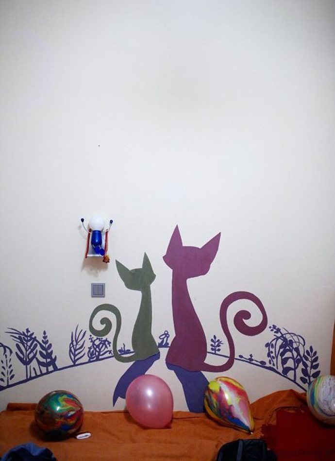 Grey And Glow Cute Grey And Purple Cats Glow In The Dark Decal With Plantation Detail As Background Installed On Lower Part Of White Wall Bedroom Stunning Bedroom Decoration With Glow In The Dark Paint Colors