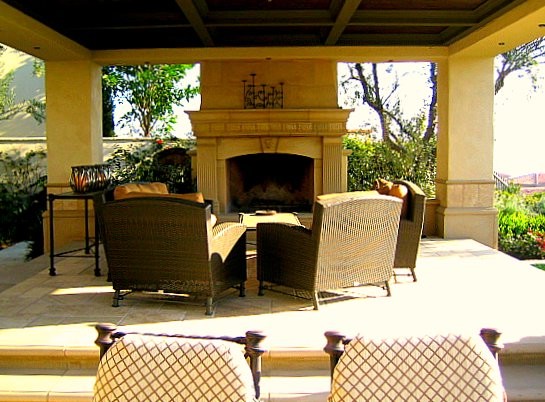 View By Designs Distinct View By Outdoor Fireplace Designs With Bamboo Chairs That Surrounded By Planters And Trees Also Decoration Classic Outdoor Fireplace Designs For Impressive Exterior Decoration